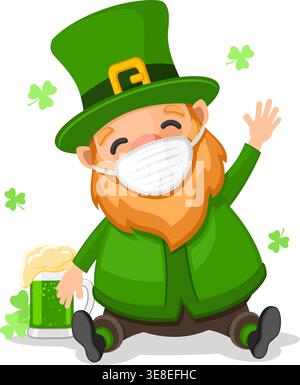 Patrick est assis dans un masque médical avec un verre de bière et ondulant sur un fond blanc. Saint Patricks Day, personnage Illustration de Vecteur