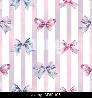 Modèle sans couture avec rose aquarelle, noeuds bleus sur fond rayé. Jolis rubans de soie décoratifs dessinés à la main pour l'emballage cadeau et la conception textile Banque D'Images