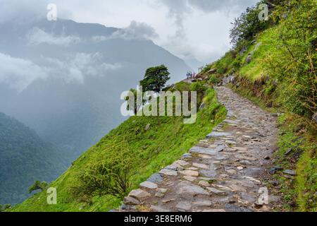 L'image représente un chemin de pierre sinueux à travers des collines verdoyantes, sur fond de montagnes majestueuses et un ciel nuageux. Le Landscap serein Banque D'Images