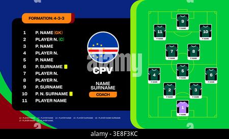 L'équipe nationale de football du Cap-Vert affiche la composition tactique et la formation 4-3-3 pour la conception de l'annonce de match de tournoi 2026. Illustration de Vecteur