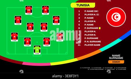 Liste des joueurs de l'équipe nationale de football de Tunisie pour l'annonce du tournoi stylisé 2026 à venir. Illustration de Vecteur
