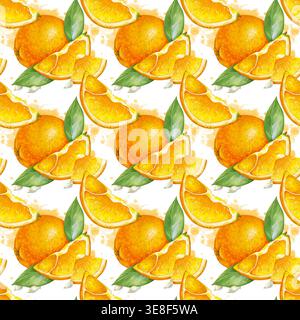Ce motif aquarelle sans couture de haute qualité présente des oranges vibrantes. Le design peint à la main comprend des agrumes entiers, des tranches juteuses, des segments Banque D'Images