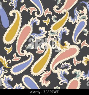 motif cachemire sans cadre avec des motifs ornementaux complexes, idéal pour les textiles, les papiers peints, les emballages et les motifs décoratifs d'inspiration vintage. Banque D'Images