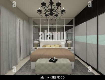 Intérieur moderne et élégant de la chambre principale avec lit King Size - rendu 3D. Banque D'Images
