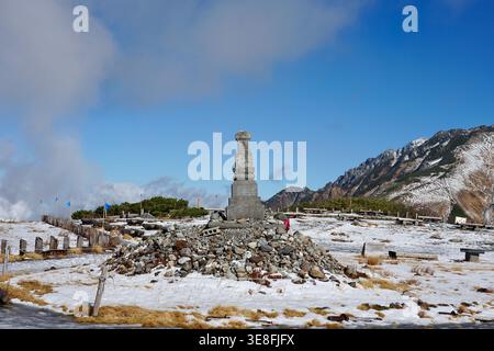 Monument commémoratif en pierre sur le plateau alpin enneigé avec montagnes et fond de ciel bleu Banque D'Images