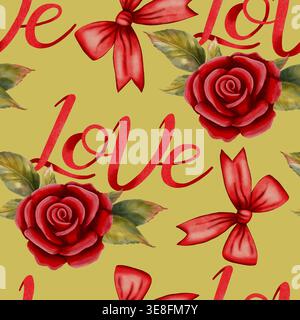 Charmant motif aquarelle sans couture avec des roses, des noeuds en soie et des lettres d'amour. Idéal pour la Saint-Valentin, cartes romantiques, emballage, papier d'emballage, Banque D'Images