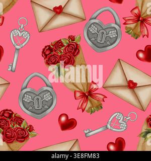Motif aquarelle sans couture avec bouquets de roses, lettres d'amour et serrures en forme de coeur. Idéal pour la Saint-Valentin, cartes romantiques, emballage, emballage p Banque D'Images