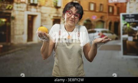 Femme dans le tablier tenant une orange dans la main gantée et haussant les paumes dans une rue avec des devantures de magasin ; petite entreprise bemusement. Banque D'Images