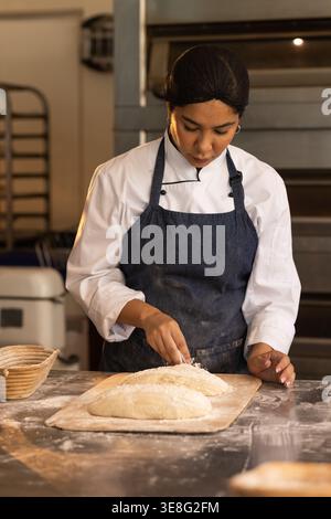 Boulangère femelle portant manteau de chef et tablier formant deux pains ovales sur pelure dans la cuisine de boulangerie Banque D'Images
