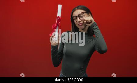 Jeune femme portant des lunettes tient un rouleau de diplôme noué avec un ruban rouge et se frotte les yeux tout en posant sur un fond de studio rouge ; fierté su Banque D'Images
