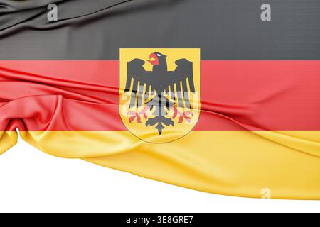 Drapeau allemand affichant l'emblème national de l'aigle avec une texture de tissu réaliste sur blanc. rendu 3d. Banque D'Images