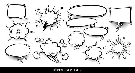 Bulles de bande dessinée avec effet sonore pop art et demi-ton. Icônes de doodle de nuage de dessin animé, cadres de speach vides, ensemble vectoriel de modèles de conception comix isolé sur fond blanc Illustration de Vecteur