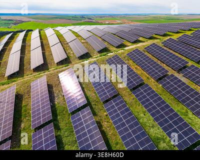 Des rangées de panneaux solaires couvrent une large zone, absorbant la lumière du soleil pour l'énergie. Des champs verts entourent les panneaux sous un ciel dégagé, montrant l'utilisation de Reneab Banque D'Images