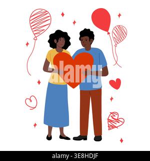 Carte de vacances d'amour. Couple romantique avec coeur géant. Illustration vectorielle plate pour les salutations de la Saint-Valentin et les invitations romantiques. Illustration de Vecteur