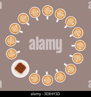 Cappuccino et tiramisu cercle cadre vecteur illustration de nourriture. Couronne dessinée à la main avec gâteau et mousse de crème de café. Dessert sucré pour le logo du café ou la conception du menu. Parfait pour l'emballage de produits. Illustration de Vecteur
