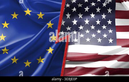 Drapeaux des États-Unis et de l'Union européenne divisés par une ligne de conflit Banque D'Images