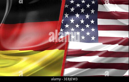 Drapeaux de l'Allemagne et des États-Unis se séparant d'un éclair rouge, symbolisant un conflit politique Banque D'Images