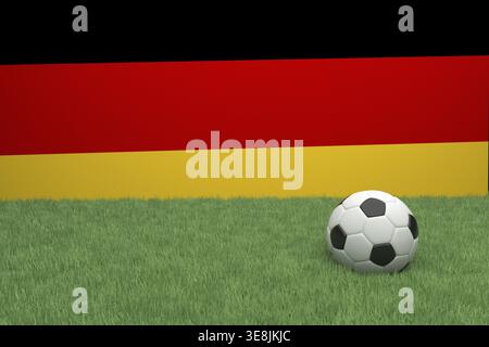 Rendu réaliste en 3D d'un ballon de football devant le drapeau de l'Allemagne Banque D'Images