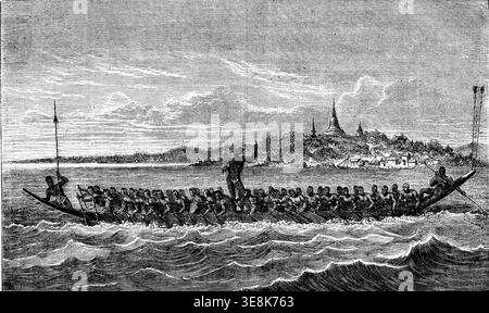 Course de canoë au Cambodge, illustration gravée vintage. Magasin pittoresque 1873 Banque D'Images
