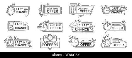 Dernière fois, offrez des icônes de compte à rebours des ventes. Réveils de ligne vectorielle, minuteries et chronomètres, sablier et calendriers avec des badges isolés de flammes fixés pour la dernière fois, chance ou jour de l'offre de vente finale Illustration de Vecteur