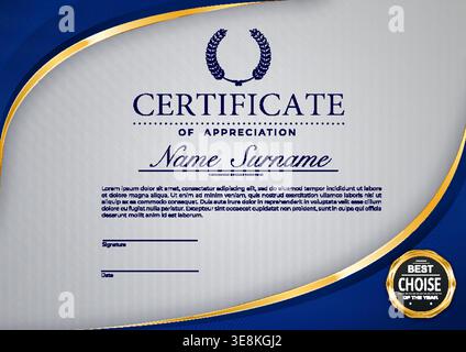 Certificat de diplôme, modèle de prix d'éducation avec bordure bleue et dorée, couronne de laurier, sceau de meilleur choix et typographie élégante. Document d'appréciation formel vectoriel vierge pour la reconnaissance de l'entreprise Illustration de Vecteur