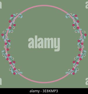 Cadre de bordure de couronne de cercle rose avec décoration florale rose rouge et verte Illustration de Vecteur