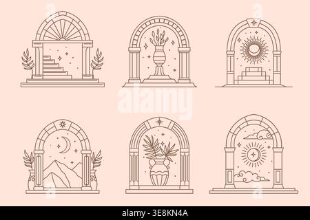 Icônes d'arche de paradis de boho, cadres de porte de château avec le soleil de ligne vectorielle, la lune et les étoiles, feuilles de palmier dans des vases vintage, escaliers et paysage de montagne. Arc mystérieux et portes célestes avec des ornements boho Illustration de Vecteur
