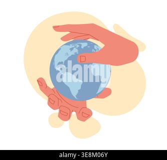 Mains tenant la planète. Charité, écologie et aide, soins du monde, sauver la terre, soins et protection de la Terre mondiale, durabilité, environnement et Illustration de Vecteur
