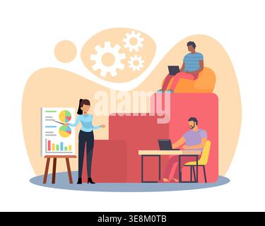 Rapport financier. Démonstration de projet, graphiques et diagrammes, analyse de stratégie, optimisation des processus de l'équipe de bureau, gestion de la planification Illustration de Vecteur