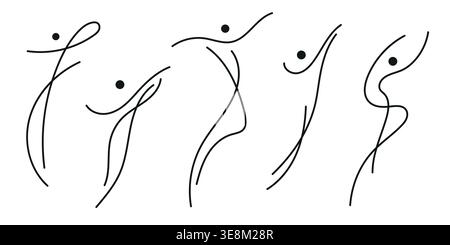 Ensemble de logo de fitness abstrait, figure de ligne humaine dynamique, noir et blanc. Conception vectorielle moderne pour le sport, la santé, le mouvement et le bien-être, à utiliser pour Illustration de Vecteur