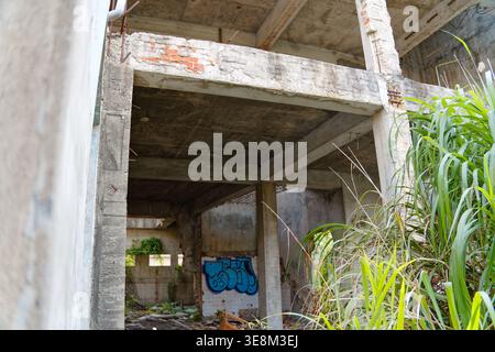 Taichung, Taïwan - 26 mai 2024 : structure en béton en ruine avec poutres apparentes, restes de carrelage et herbe sauvage dépassant l'espace abandonné. Banque D'Images