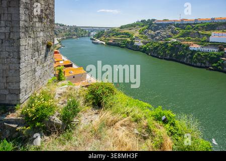 Vue aérienne sur le fleuve Douro serpentant à travers la ville, bordée d'anciens murs de pierre et d'une végétation luxuriante, révélant le pont Dom Luís I dans le dis Banque D'Images