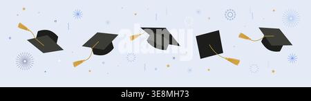 Classe d'études supérieures de 2026. Casquettes et confettis sur fond blanc. Chapeaux jetés, illustration vectorielle, conception de bannière Illustration de Vecteur