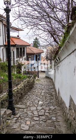Ancienne rue pavée dans la vieille ville de Plovdiv Bulgarie. Banque D'Images