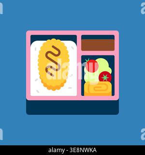 Illustration vectorielle plate de boîte à bento japonaise avec Tonkatsu, riz, Tamagoyaki et légumes sur fond bleu Illustration de Vecteur