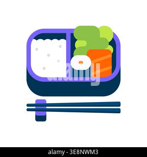 Boîte à bento bleue avec riz, légumes et illustration de rouleau de sushi Illustration de Vecteur