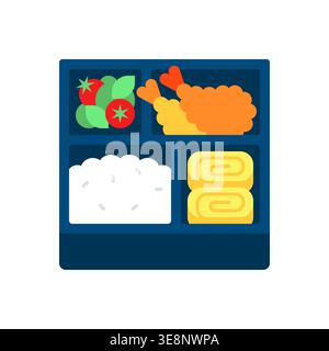 Boîte à bento bleue avec crevettes Tempura, Tamagoyaki, riz cuit à la vapeur et légumes frais illustration vectorielle Illustration de Vecteur