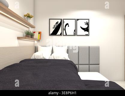 Chambre minimaliste moderne avec lit gigogne escamotable - rendu 3D. Banque D'Images