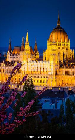 Bâtiment du Parlement hongrois illuminé la nuit, Parlement de Budapest. Vue aérienne de l'architecture de Budapest par drone, superbe bâtiment historique Banque D'Images