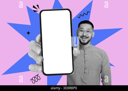 Homme montre smartphone vierge dans un collage avec fond coloré et formes Banque D'Images