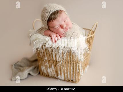 Bébé nouveau-né dormant dans le panier à la séance photo photographe nouveau-né Banque D'Images