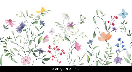 Vectoriel aquarelle florÉco-amical motif de répétition horizontal, herbes de prairie et bordures de fleurs. Illustration dessinée à la main. Illustration de Vecteur