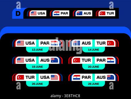 Football 2026 tournoi de Groupe match calendrier des matchs affichage des drapeaux et des dates de l'équipe nationale ensemble de vecteurs dynamiques.. Illustration de Vecteur