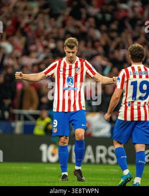 Alexander Sorloth célébrant le match des quarts de finale de l'UEFA Champions League entre les équipes de l'Atletico de Madrid et du FC Barcelone (Kazimierz Banque D'Images