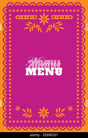 Couverture de menu mexicain rose éclatante avec motifs décoratifs, idéale pour les visuels animés de restaurant et de marque alimentaire Illustration de Vecteur