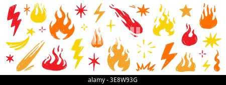 Jeu de griffonnages d'icône de flamme de feu. Dessin à la main pinceau de flamme de feu griffonnage grunge texture graphique de forme de craie. Éclair explosion énergie souffle puissance autocollant roche éclater. Illustration vectorielle Illustration de Vecteur