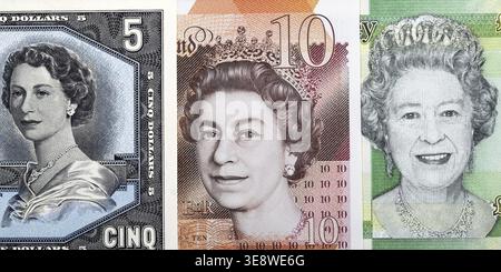La reine Elizabeth II sur les billets de différents pays, le Canada, l'Angleterre et Gibraltar Banque D'Images