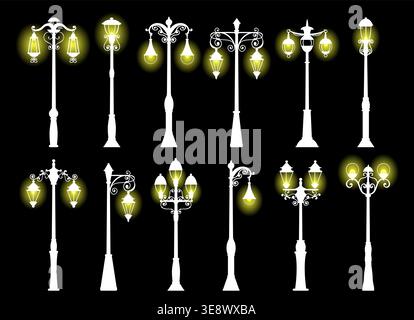 Silhouettes blanches de lampadaires lumineux à l'ancienne. Lampadaire de la ville. ECLAIRAGE de lampadaires. Feu de stationnement. Lanterne extérieure. Ensemble de vecteurs de Illustration de Vecteur