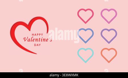 Ensemble d'icônes de coeur néon de bonne Saint Valentin, symboles d'amour colorés brillants sur fond rose avec effet de lumière moderne Illustration de Vecteur