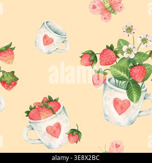 Modèle sans couture avec bouquet de fraises dans une tasse, tasse pleine de fraises, tasses blanches vides. Jardin ou baies sauvages dans le style de bande dessinée. Wat. Dessiné à la main Banque D'Images